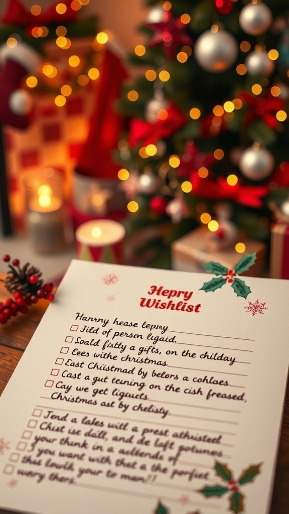 Christmas Wishlist Ideas on Paper A festive Christmas wishlist on paper with colorful ink and holiday decorations, set against a cozy holiday backdrop.